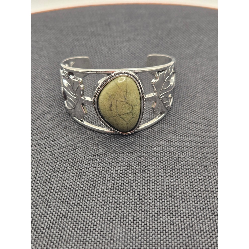 Silver Tone Maple Leaf Cuff Bracelet Green Faux Stone Nature Inspired Boho